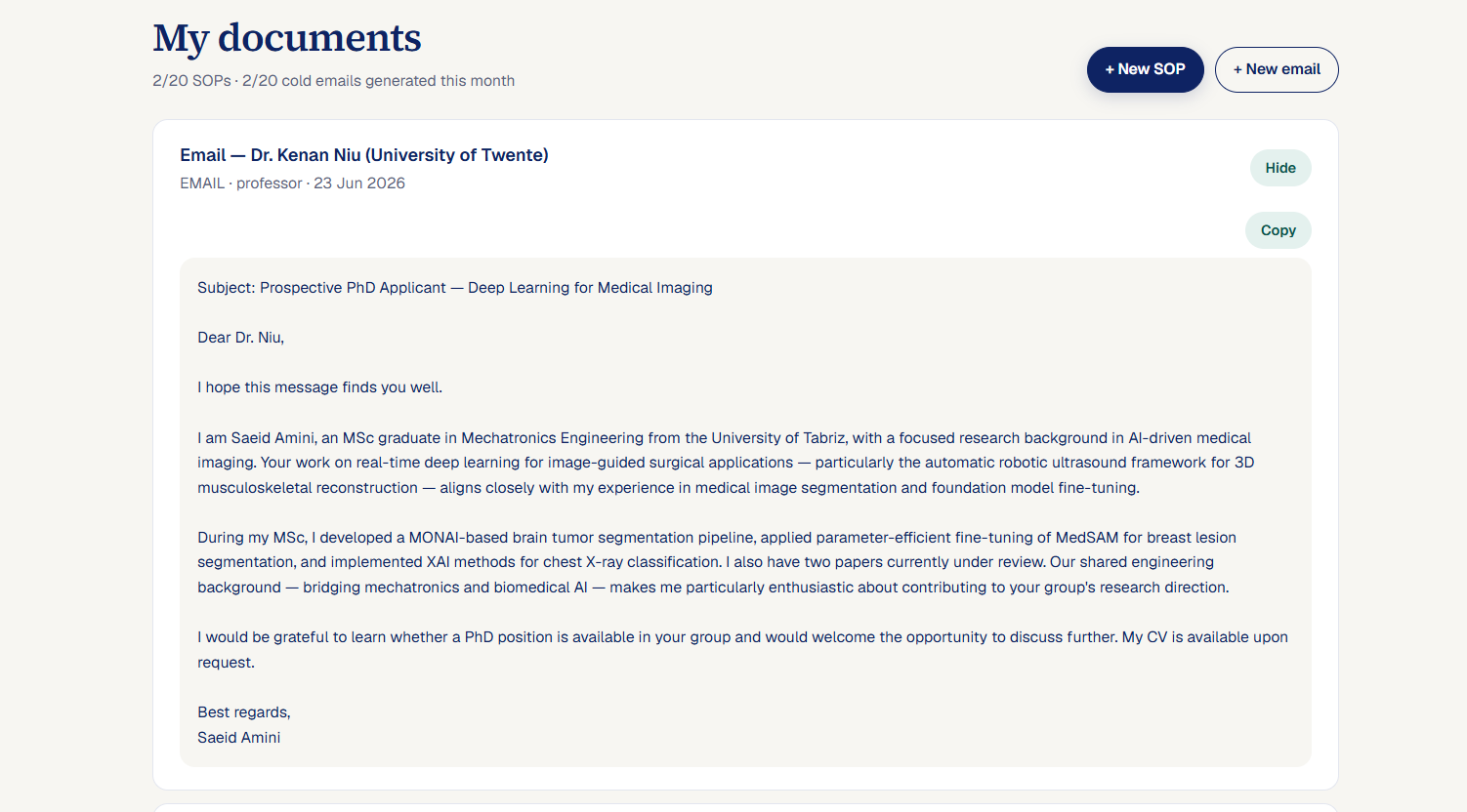 A generated cold outreach email